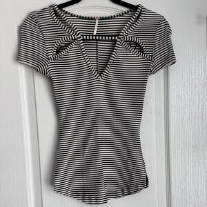 Free People Black and White Striped Short Sleeve Top